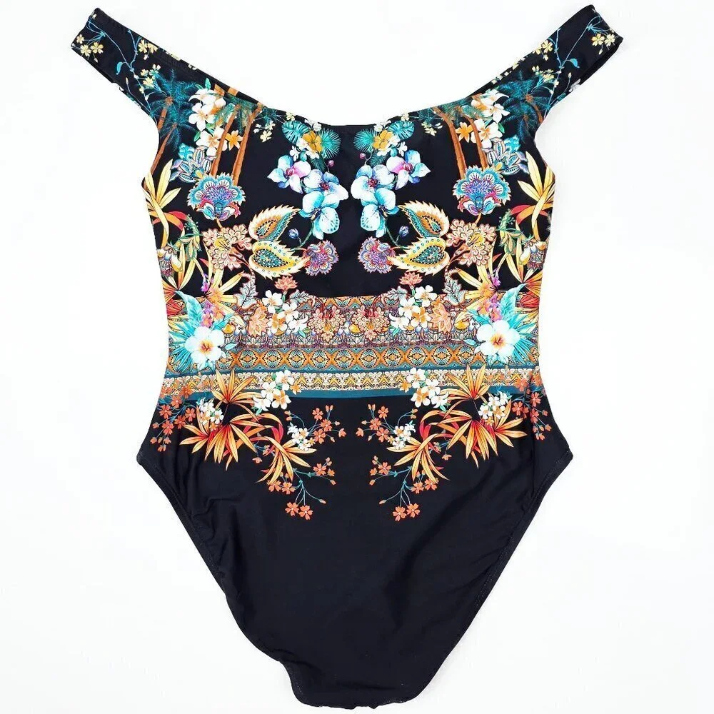 Kenneth Cole Off Shoulder Floral Tropical Stripe One Piece Swim Suit NEW - L - Picture 2 of 11
